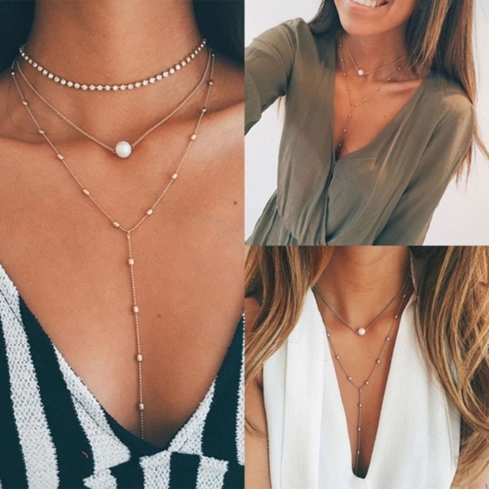 🎀 Lovely Boho triple layered ball chain faux pearl tassel choker - Picture 1 of 7